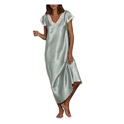 Home Pyjama Kleid Damen S-5XL Solide Homewear Dress Satin Langes Konservatives Nachthemd Kleid Kurzarm V-Ausschnitt Loungewear Schlafanzug Spitzen Satin Nähte Wadenlanges Kleid Ladies Kleider von tsaChick