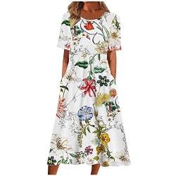 Sommerkleid Damen Lang - Boho Kleid Damen V Ausschnitt - Strandkleid Damen Sommer Kurzarm Blumenkleid Sexy Maxikleid mit Knöpfen Blumen Druck Lace Up Lässiges Swing Langes Kleider Festlich Elegant von tsaChick