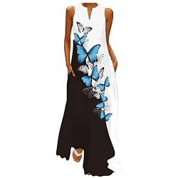 Sommerkleid Damen Lang äRmellos Maxikleid Lockeres Rundhals V-Ausschnitt Floral Pfauenfedern Druck Strandkleid Mit Taschen Holiday Casual Lose KnöChellanges Freizeitkleid Frauen MäDchen Tank Kleid von tsaChick