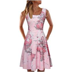 Sommerkleid Damen Weltkarte Bedruckt Weste Kleid äRmelloses LäSsiges Strandkleid Erde Panel Druck TräGerlos Quadrat Hals RüCkenfrei Swing Kleid Schlankes Knielanges Kleid Kleider Damen von tsaChick