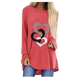 Sweatshirt Damen Activewear Langarmshirt Damen Große Größen Lockerer Komfort Pullover Tops Frauen Casual Valentinstag Gedruckt Lange Oberteile Bluse Lose Rundhals 3 Herzen Schnur Druck T-Shirt von tsaChick