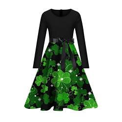 tsaChick Abendkleid Damen Kurz Rundhals Kleid Langarm Tee Kleid Kleeblatt Kleerock Schleife Schärpe Schaukel Kleid Irish St. Patricks Day Party Kostümzubehör von tsaChick