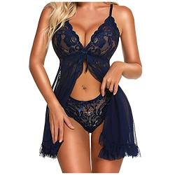 tsaChick Bodysuit Shapewear Sexy Strapshemd Set 2 Teiliges Strapsen Set FüR Frauen Mit Floralen Spitzen Details Gekreuzte ZierschnüRung Sexy Schwarz Marineblau XXL von tsaChick