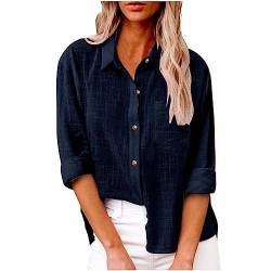 tsaChick Damen-Baumwoll-Leinen-Hemd legere Button-Down-Blusen mit 3/4-Ärmeln lässige übergroße Oberteile Navy 109 XL 40 von tsaChick