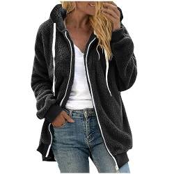 tsaChick Damen Mantel Plüschjacke Hoodie Jacke Oversize Wintermantel Kurzmantel Warm Cardigan Kapuzenjacke Winterjacke mit Taschen Kapuze Black 3XL 44 von tsaChick