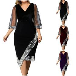 tsaChick Damen Mode Halbe Ärmel Abendkleider S-5XL 2023 Mesh Pailletten Kurzarm V-Ausschnitt Taille Midi Langes Wickelkleid Partykleid Neu Unregelmäßiger Saum Abschlusskleid Elegant Ballkleid von tsaChick