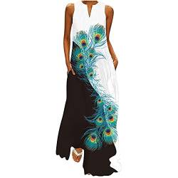 tsaChick Damen Sommerkleid Elegant V-Ausschnitt Maxikleid Drucken Boho Sommer Lang Kleid Flügelärmel Rüsche Strandkleid von tsaChick