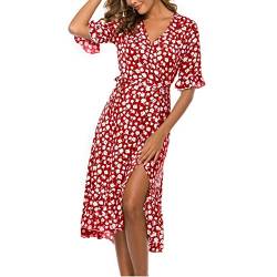 tsaChick Damen Sommerkleid Kurzärmeliges Tupfenkleid Halbe Ärmel V-Ausschnitt Strandkleid Unterhalb des Knies Polka Dot Floral Casual Kleid Elegante Partykleider Frauen Mädchen Umstandskleider von tsaChick