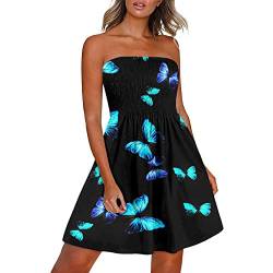 tsaChick Damen Strandkleider Schulterfrei Ärmelloses gerafft Rückseite Gesmokt Sommerkleid Off Shoulder Bandeau Boho Kleider Bikini Cover Up Strandponcho Midikleid Feder von tsaChick