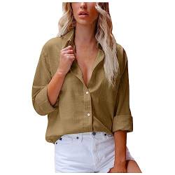 tsaChick Gestreifte Button-Down-Hemden für Damen lässig langärmelig stilvoll V-Ausschnitt Blusen Oberteile mit Taschen Khaki 114 M 36 von tsaChick