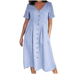 tsaChick Jeanskleid Mode Frauen Sommer Casual V-Ausschnitt Solid Kurzarm Knopf Tasche Baumwolle Leinen Kleid LYB6 von tsaChick