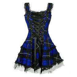 tsaChick Mittelalter Deko Bedruckte Ärmellose Kleider Aus Spitze Und Mesh Mit Karomuster Mittelalter Kleid Damen Schwarz Sommerkleid Damen Sexy Dirndl Damen Midi 44 Blau XL von tsaChick