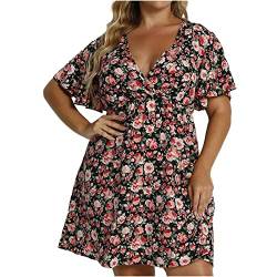 tsaChick Plus Size Elegante Damen Frauen Casual Kurzarm Kalt Schulter Boho Blumendruck Casual Täglichen Party Strand Langes Kleid Schulterfrei Strandkleid Hot Pink XXXXXL 48 von tsaChick