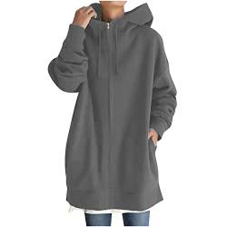 tsaChick Pullover Strickjacken Jacken Damen Lässige Outwear Jacken mit Langen Ärmeln und Kapuze Frauen Einfarbig Hoodie Reißverschluss Langarm Sweatshirts Lange Mantel Tops Mit Taschen Grau 4XL CJ11 von tsaChick