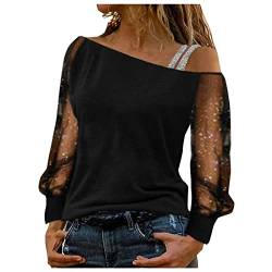 tsaChick Silvester Outfit Damen Damen lässiges einfarbiges Mesh Patchwork diagonaler Kragen abseits der Schulter langärmeliges Top Glitzer Pullover Damen 34-42 von tsaChick