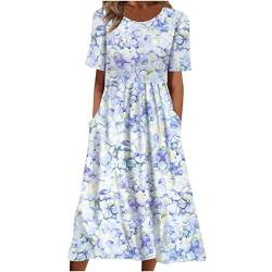 tsaChick Sommerkleid Damen Lang Florals A-Linien Kleid Mode 2023 Kurzarm Rundhals Hohe Taille Plissee Freizeitkleid Neue Blumenkleid Partykleid Abschlussballkleid Frauen MäDchen Umstandskleider von tsaChick