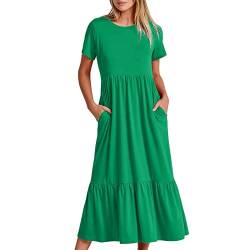 tsaChick Sommerkleid Damen Lang einfarbig Freizeitkleid Mode 2023 Kurzarm Plissee Rundhalsausschnitt Hohe Taille Swing Kleid Neue Solide A Linien Kleid Partykleid Abschlusskleid Mit Tasche MäDchen von tsaChick