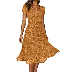 tsaChick Sommerkleid Damen Sexy V-Ausschnitt Tupfen Maxikleid Gerüschter Rüschensaum Schmal Kurzarm Langes Kleiner Polka Dot Slim unterhalb des Knies Kleid Elegant Prinzessinnenärmeln Women's Kleider von tsaChick