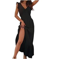 tsaChick Sommerkleid Midi Damen Sommer Einfarbig V-Ausschnitt Ärmelloses Rüschenkleid Weisses Kleid Damen Jeanskleid Damen Knielang Kleid Damen Midi Abiballkleid Kurz Leichtes Sommerkleid Damen 80Er von tsaChick