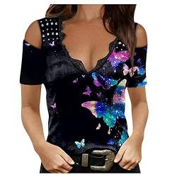 tsaChick Tshirt Damen Sexy Hohle Sommer Tops Tunika Frauen Buntes Rosen Schmetterlingen Druck V-Ausschnitt Kurzarm Shirt Oberteile Slim Fit Tiefschnitt Bluse für Teenager Mädchen Ausgehöhlte Schulter von tsaChick