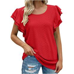 tsaChick Women's Blouses & Shirts Damen Bluse Sommer Casual Rundhals T-Shirt Elegant Swiss Dot Kurzarm Oberteile Shirts Tunika mit Rüschen S-XXL von tsaChick