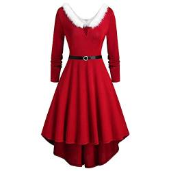 tsaChick weihnachtskleid Damen lustig rot sexy elegant Langarm Rockabilly rotes V-Ausschnitt scharfe Kanten Tailliertes und weit schwingendes Kleid mit unregelmäßiger Vorder- Rückseite Red 5XL A1-48 von tsaChick