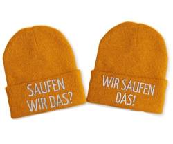 Saufen wir das? Wir Saufen das! Duo Statement Wintermütze Beanie Partnermützen, Farbe: Mustard von tshirtladen