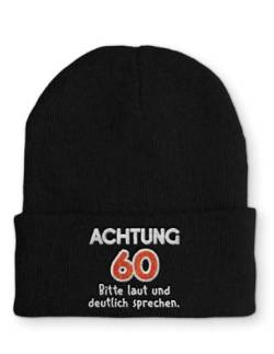 tshirtladen Beanie Mütze Achtung 60 Bitte laut und deutlich sprechen. Statement Wintermütze mit Spruch, Farbe: Black von tshirtladen