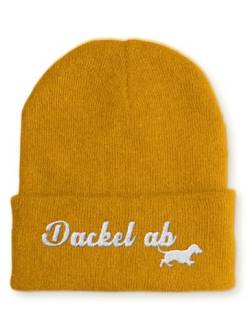 tshirtladen Beanie Mütze Dackel ab Dackelfan Statement Wintermütze, Farbe: Mustard von tshirtladen