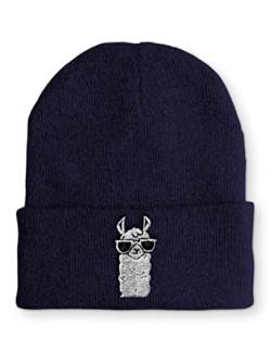 tshirtladen Cool Lama Retro Statement Beanie Mütze mit Spruch für Damen und Herren, Farbe: Navy von tshirtladen