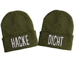 tshirtladen Hacke & Dicht Duo Statement Wintermütze Beanie Partnermützen Olive, Farbe: Olive von tshirtladen