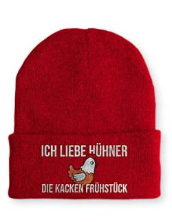 tshirtladen Ich liebe Hühner die kacken Frühstück Statement Beanie Mütze mit Spruch, Farbe: Rot von tshirtladen