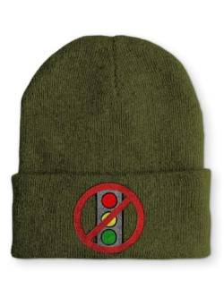 tshirtladen Lustige Ampel durchgestrichen Spruchmütze Strickmütze Wintermütze lustige Beanie mit Stick OneSize, Farbe: Olive von tshirtladen