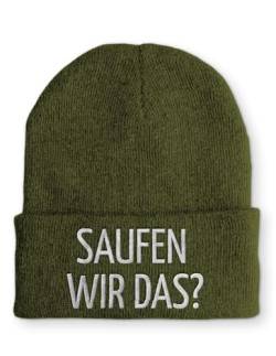 tshirtladen Saufen wir das? Spruchmütze Strickmütze Wintermütze lustige Beanie mit Stick OneSize Mütze, Farbe: Olive von tshirtladen