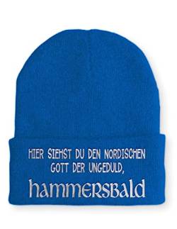 tshirtladen Strickmütze Hammersbald Nordischer Gott der Ungeduld Statement Beanie Mütze mit Spruch, Farbe: Blau von tshirtladen