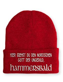 tshirtladen Strickmütze Hammersbald Nordischer Gott der Ungeduld Statement Beanie Mütze mit Spruch, Farbe: Rot von tshirtladen