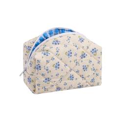 Süße kleine Make-up-Tasche aus Baumwolle, gesteppt, mit Reißverschluss, mit kokettem Bär, für Damen und Mädchen, Kawaii-Reise-Kosmetiktasche für Geldbörse, 04Little Blue Flower von uekeboag