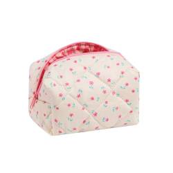 Süße kleine Make-up-Tasche aus Baumwolle, gesteppt, mit Reißverschluss, mit kokettem Bär, für Damen und Mädchen, Kawaii-Reise-Kosmetiktasche für Geldbörse, 05 Cremefarbene rosa Blume von uekeboag