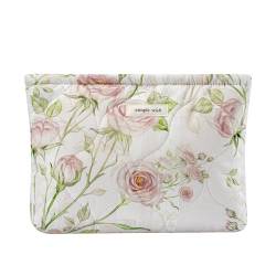 uekeboag Gesteppte Make-up-Tasche aus Baumwolle mit Blumenmuster, kokett, gesteppt, Kosmetiktasche für Damen und Mädchen, ästhetische Organizer-Tasche, niedliche Reise-Kulturbeutel, 02Pink Rose von uekeboag