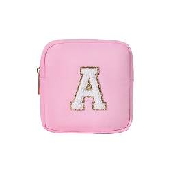 uekeboag Personalisierte Initiale Nette Rosa Make-up Tasche Monogrammiert Geburtstagsgeschenk für Frauen und Mädchen, Chenille Brief Preppy Kosmetiktasche mit Reißverschluss Wasserdichte Nylon Reise von uekeboag