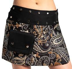 Damen Minirock aus Indien mit Tasche und 2 Mustern zum Wenden, Sommerrock kurz, Wenderock, Wickelrock Goa Gypsy Hüftschmeichler Rock - mit 18 Nieten Druckknöpfen, flexibel, Design 11 von ufash