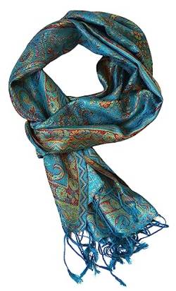 ufash Pashmina 100% Seidenschal aus Indien für Damen & Herren, Paisley Muster, 160 x 35 cm - Schal aus reiner Seide, Blau von ufash
