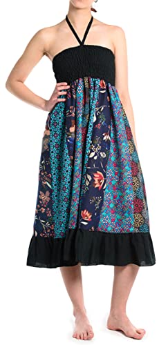 ufash Sommerkleid oder Sommerrock Patchwork für Damen, mit elastischem Bund - Goa Gipsy Hippie-Kleid, Blau von ufash