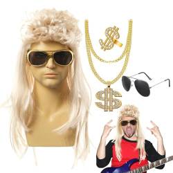ulapithi 70er-Jahre-Perücken, 70er-80er-Disco-Perücken-Set - 4 Teile/satz Rocker Punk Pop Star Perücke - Disco-Hippie-Perücke mit Sonnenbrillen-Halskette, Dollarzeichen-Ring für von ulapithi