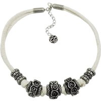 unbespielt Collier Kette Landhaus-Stil Rosenwalze altsilber Kordel natur 40 cm, Modeschmuck für Damen von unbespielt