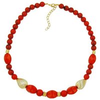 unbespielt Collier Kette mit Kunststoffperlen rot-marmoriert und goldfarben 50 cm, Modeschmuck für Damen von unbespielt