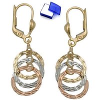 unbespielt Paar Ohrhänger Brisur Ohrringe 3 Kreise tricolor diamantiert 9 Kt Gold 34 x 10 mm, Goldschmuck für Damen von unbespielt