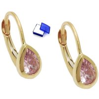 unbespielt Paar Ohrhaken Brisur Ohrringe Tropfen Zirkonia pink 9 Kt Gold 14 x 5 mm inklusive Schmuckbox, Goldschmuck für Damen von unbespielt