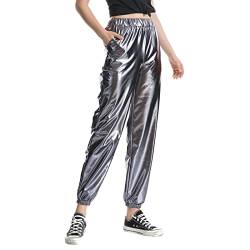 Damen Metallic Glänzend Jogger Casual Holographische Farbe Streetwear Hosen Hip Hop Mode Glatte Elastische Hosen von unilarinna
