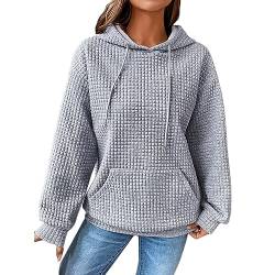 Damen Waffelmuster Hoodie Oversize Kapuzenpullover Langarm Sweatshirt mit Kapuze Solid Color Leicht Pullover Frühling Herbst Langarmshirt Pulli Plaid Hoody mit Kängurutasche Grau L von unilarinna